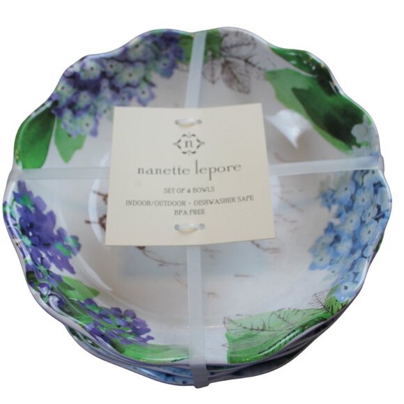 Nanette Lepore Hydrangea Floral Butterfly Melamine Soup Bowl Set of 4 Blue NWT